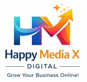 stylized logo of happy media x